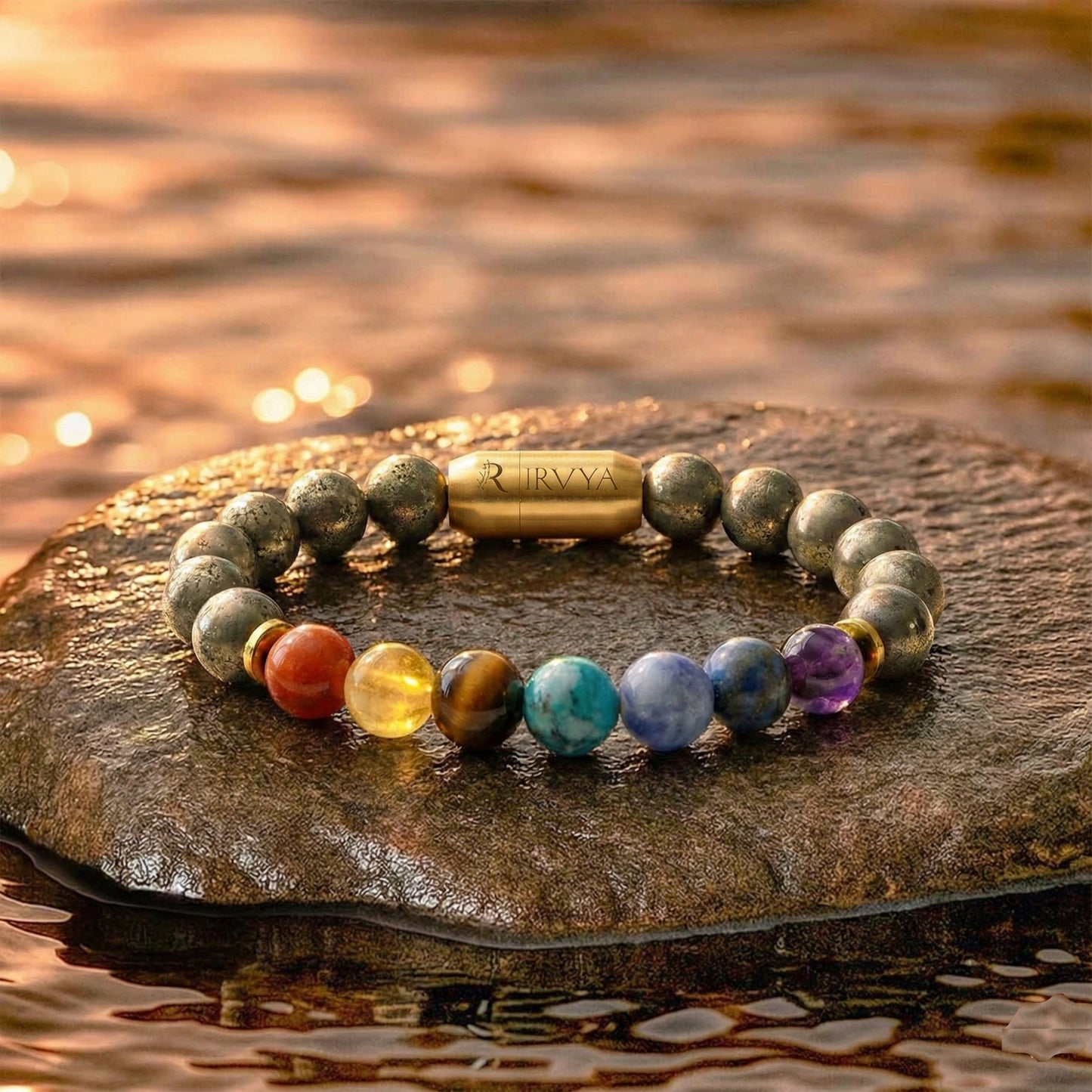 Money Magnet Pyrite 7 Chakra Natural Stone Bracelet (Unisex)